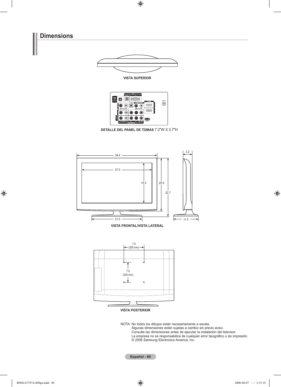 Dimensions | Samsung LN32A300J1DXZA User Manual | Page 186 / 187