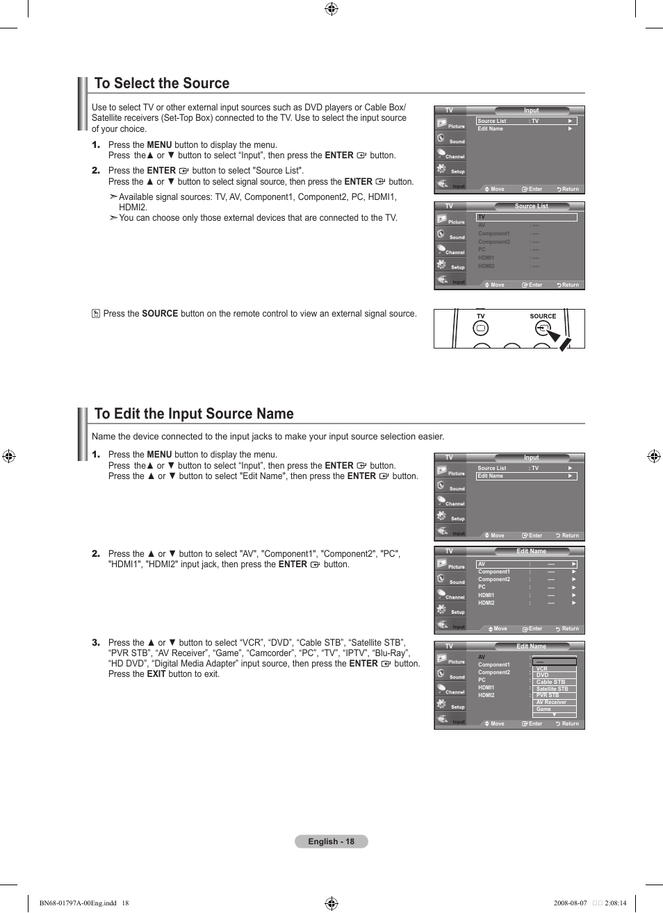 To select the source, To edit the input source name | Samsung LN32A300J1DXZA User Manual | Page 20 / 187