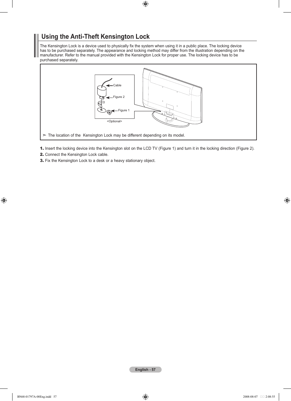 Using the anti-theft kensington lock | Samsung LN32A300J1DXZA User Manual | Page 59 / 187