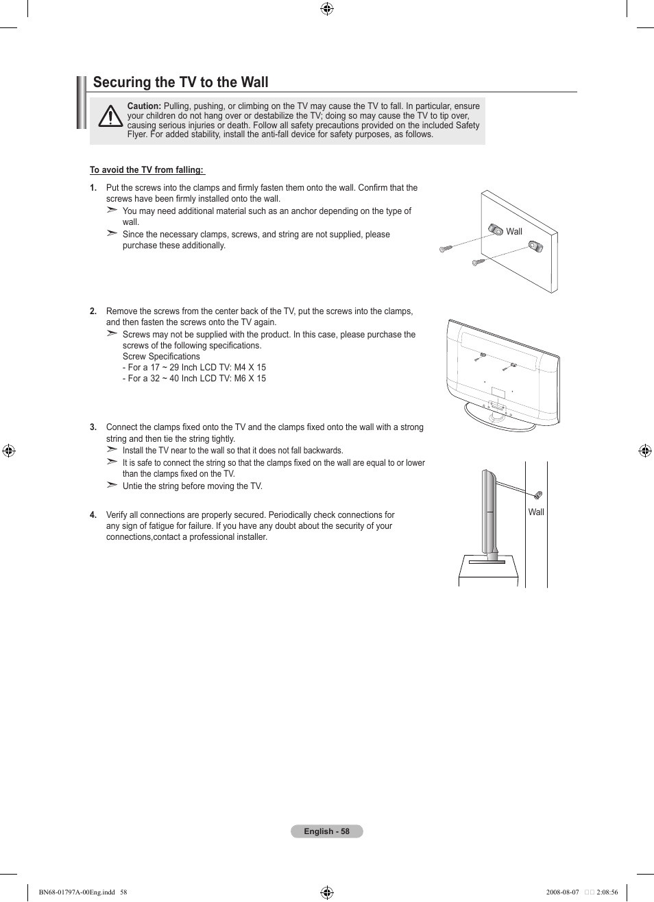 Securing the tv to the wall, 경고 주의 경고 주의 | Samsung LN32A300J1DXZA User Manual | Page 60 / 187