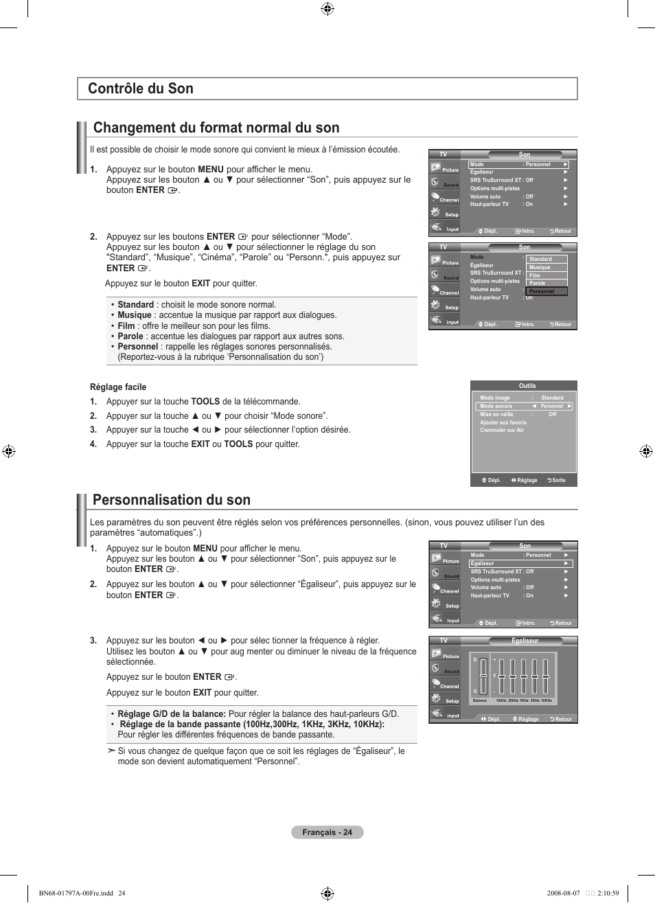 Contrôle du son changement du format normal du son, Personnalisation du son | Samsung LN32A300J1DXZA User Manual | Page 88 / 187