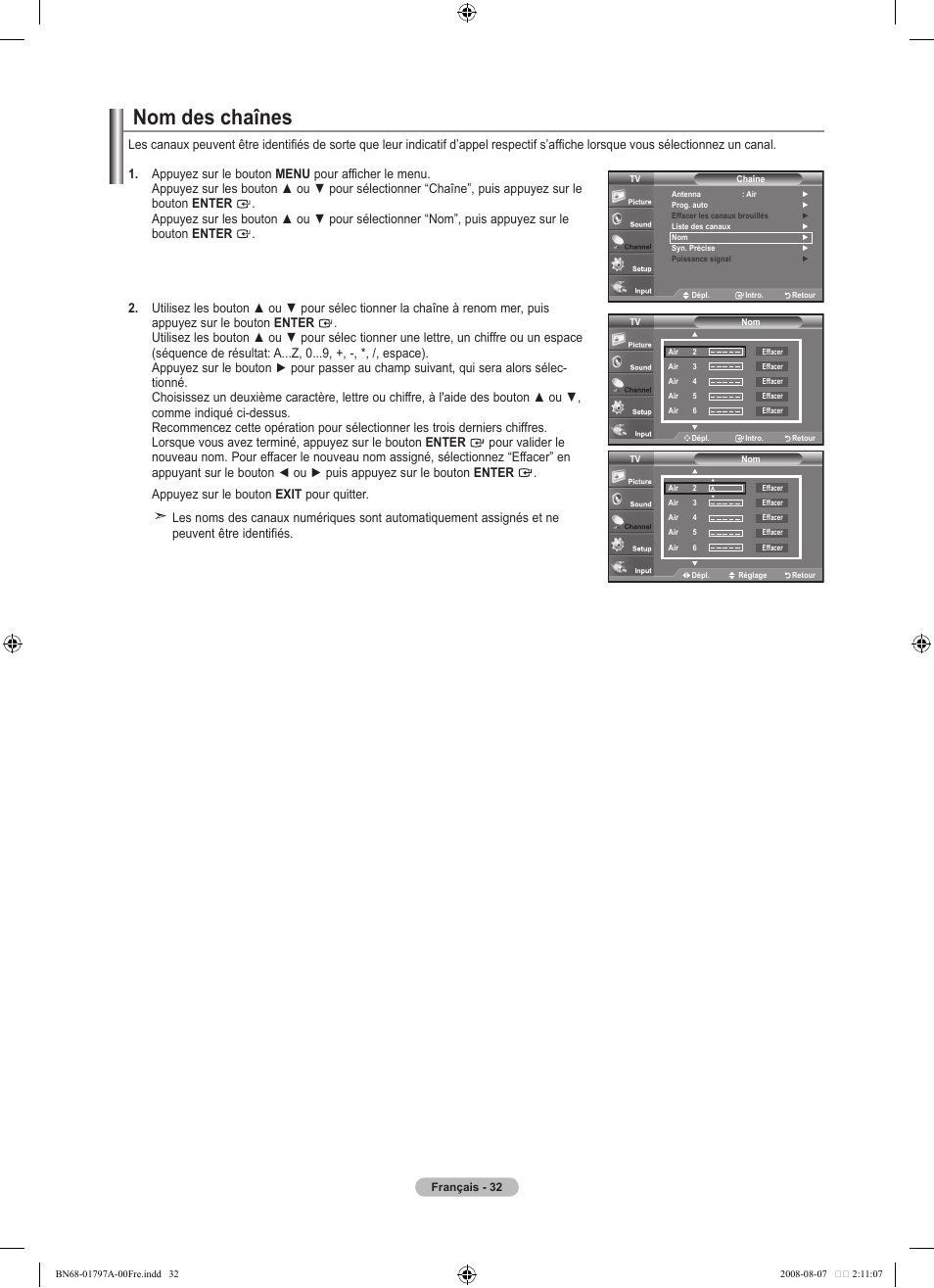 Nom des chaînes | Samsung LN32A300J1DXZA User Manual | Page 96 / 187