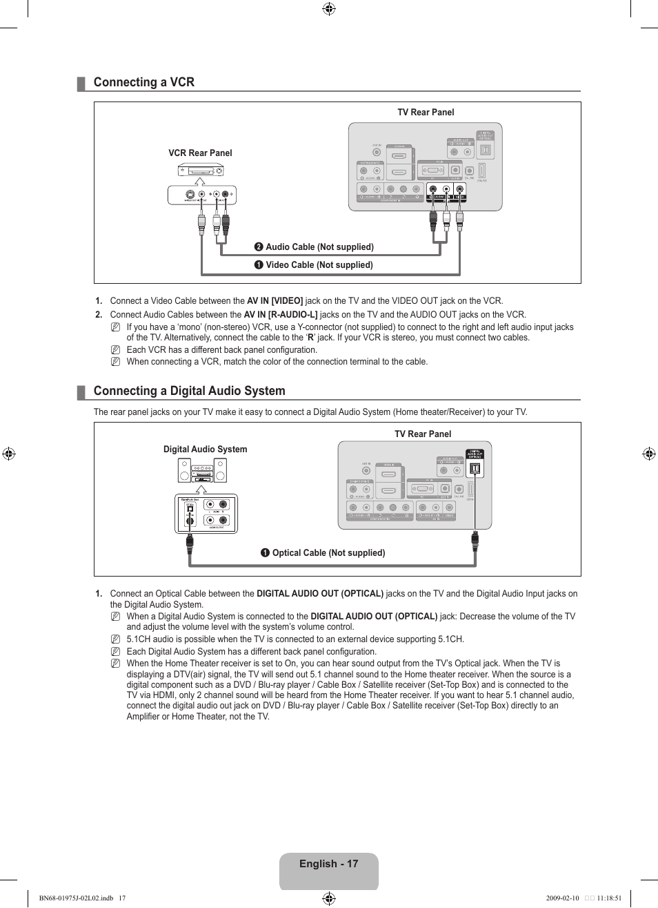 Connecting a vcr, Connecting a digital audio system | Samsung LN19B361C5DXZA User Manual | Page 19 / 93