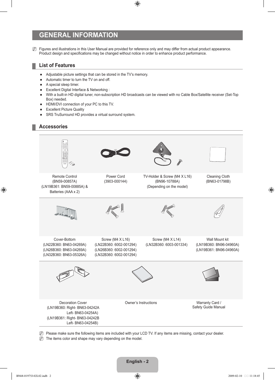 General information, List of features, Accessories | Samsung LN19B361C5DXZA User Manual | Page 4 / 93