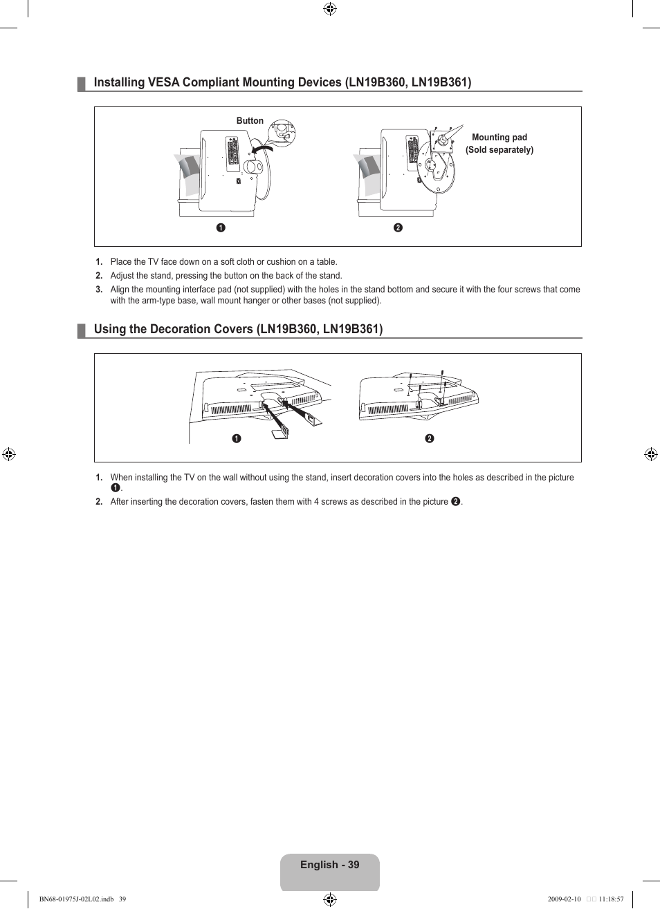 Using the decoration covers (ln19b360, ln19b361) | Samsung LN19B361C5DXZA User Manual | Page 41 / 93