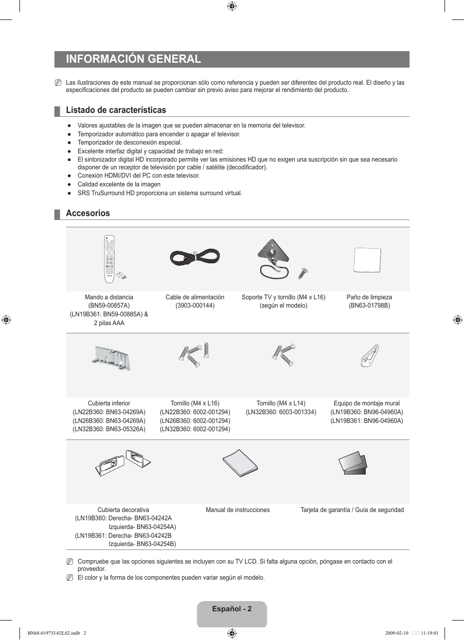 Información general, Listado de características, Accesorios | Samsung LN19B361C5DXZA User Manual | Page 50 / 93