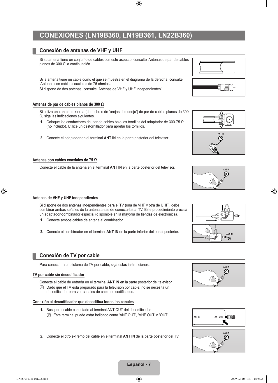 Conexión de antenas de vhf y uhf, Conexión de tv por cable | Samsung LN19B361C5DXZA User Manual | Page 55 / 93