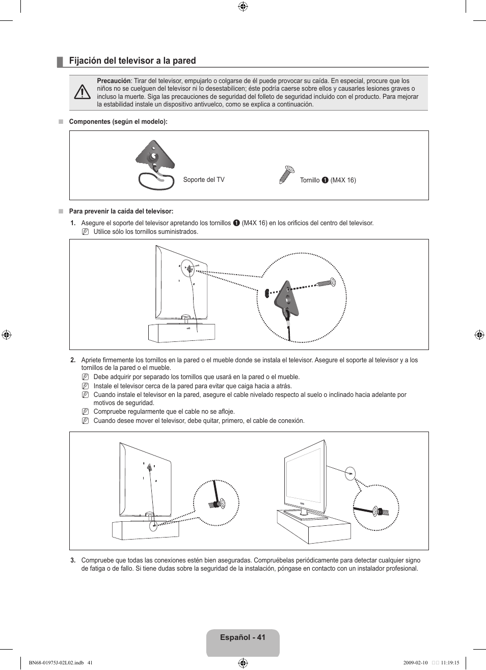 Fijación del televisor a la pared | Samsung LN19B361C5DXZA User Manual | Page 89 / 93