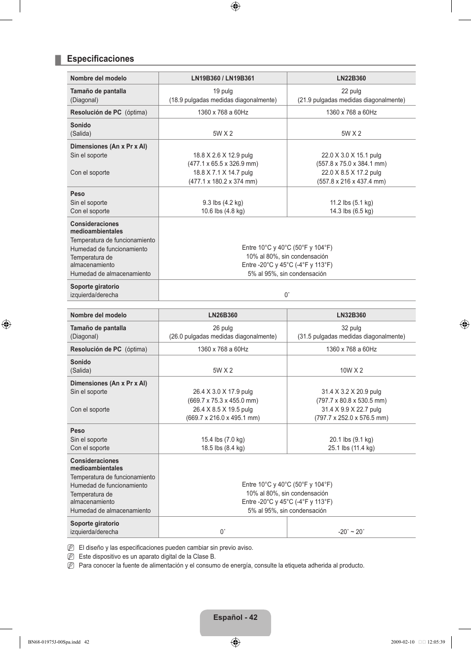 Especificaciones | Samsung LN19B361C5DXZA User Manual | Page 90 / 93