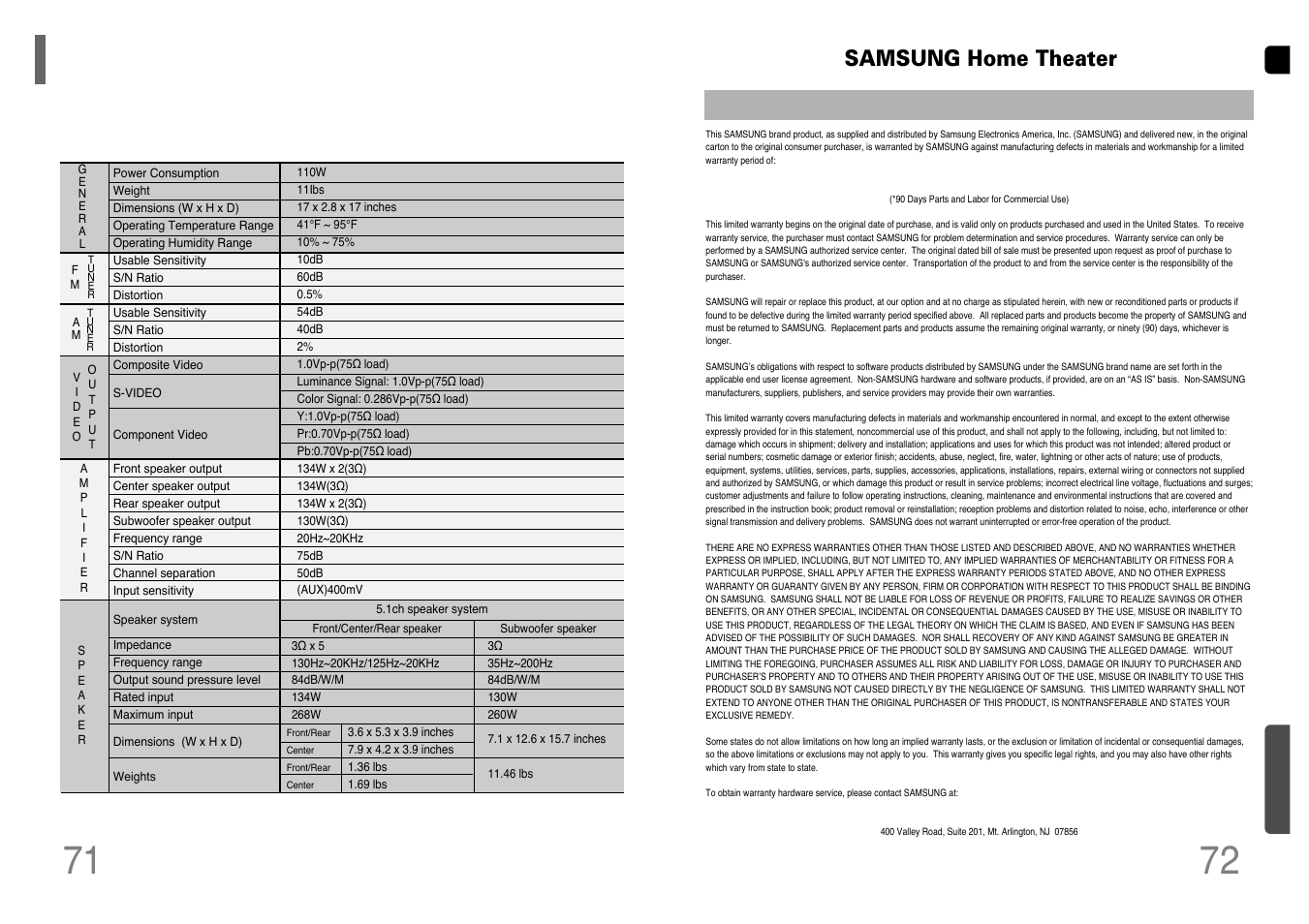 Specifications, Warranty, Specifications 72 | Samsung home theater | Samsung HT-P38T-XAC User Manual | Page 37 / 37