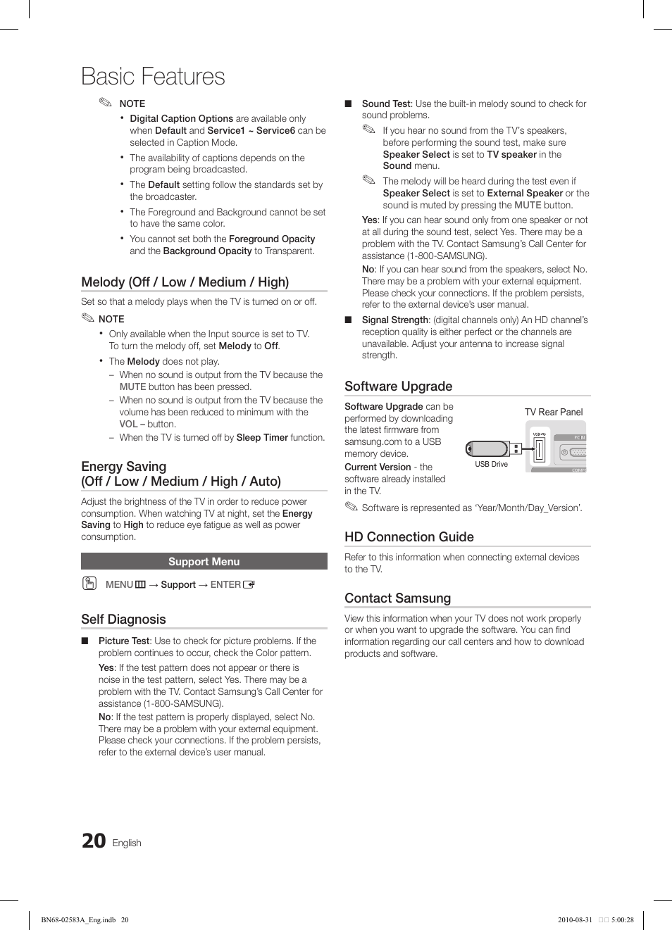 Basic features, Melody (off / low / medium / high), Energy saving (off / low / medium / high / auto) | Self diagnosis, Software upgrade, Hd connection guide, Contact samsung | Samsung LN22C450E1DXZA User Manual | Page 20 / 37