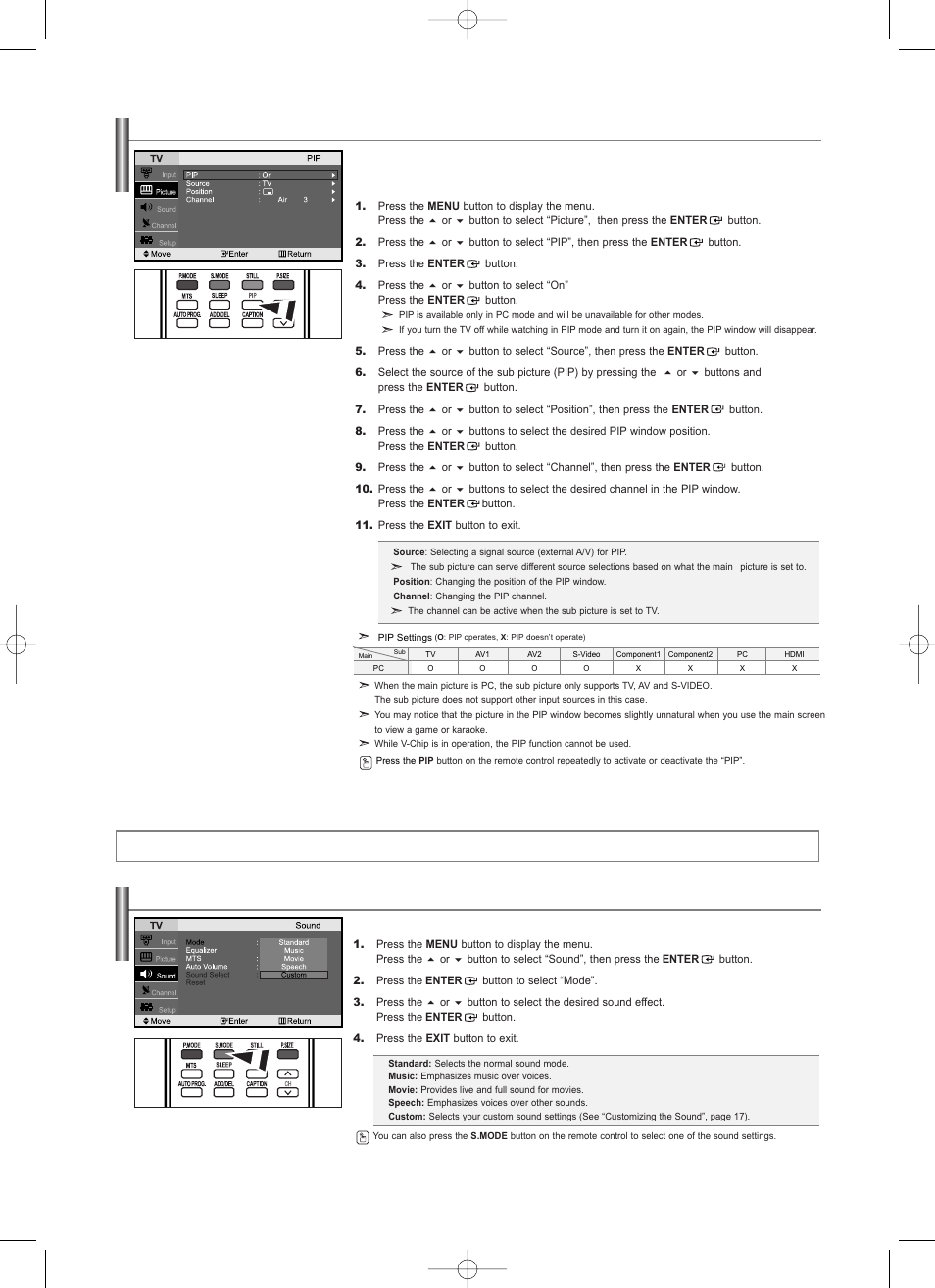 Viewing picture-in-picture, Sound control, Using automatic sound settings | Samsung LNS2338WX-XAA User Manual | Page 18 / 77