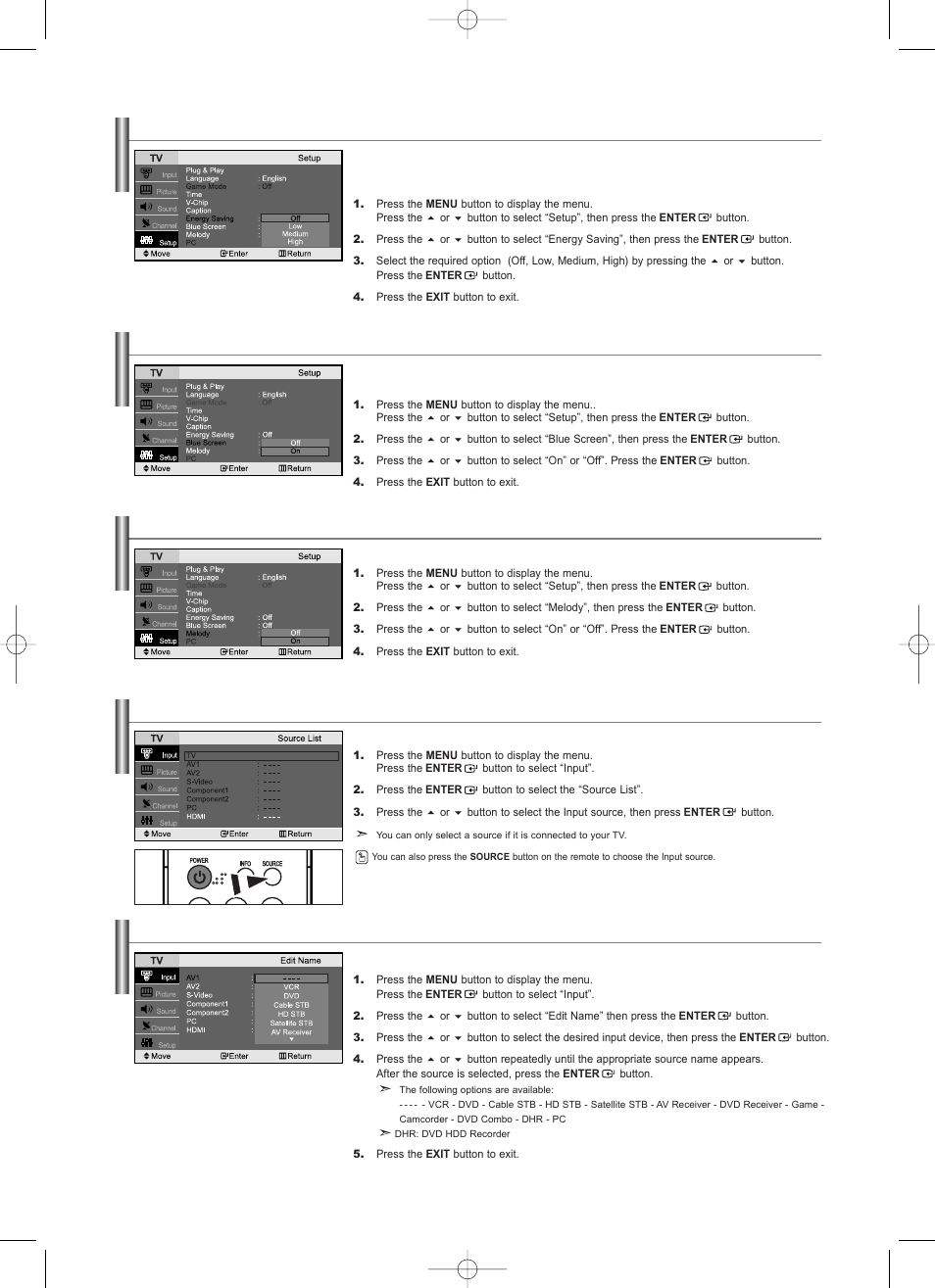 Using the energy saving feature, Setting the blue screen mode, Selecting the melody | Selecting the source, Editing the input source name | Samsung LNS2338WX-XAA User Manual | Page 24 / 77