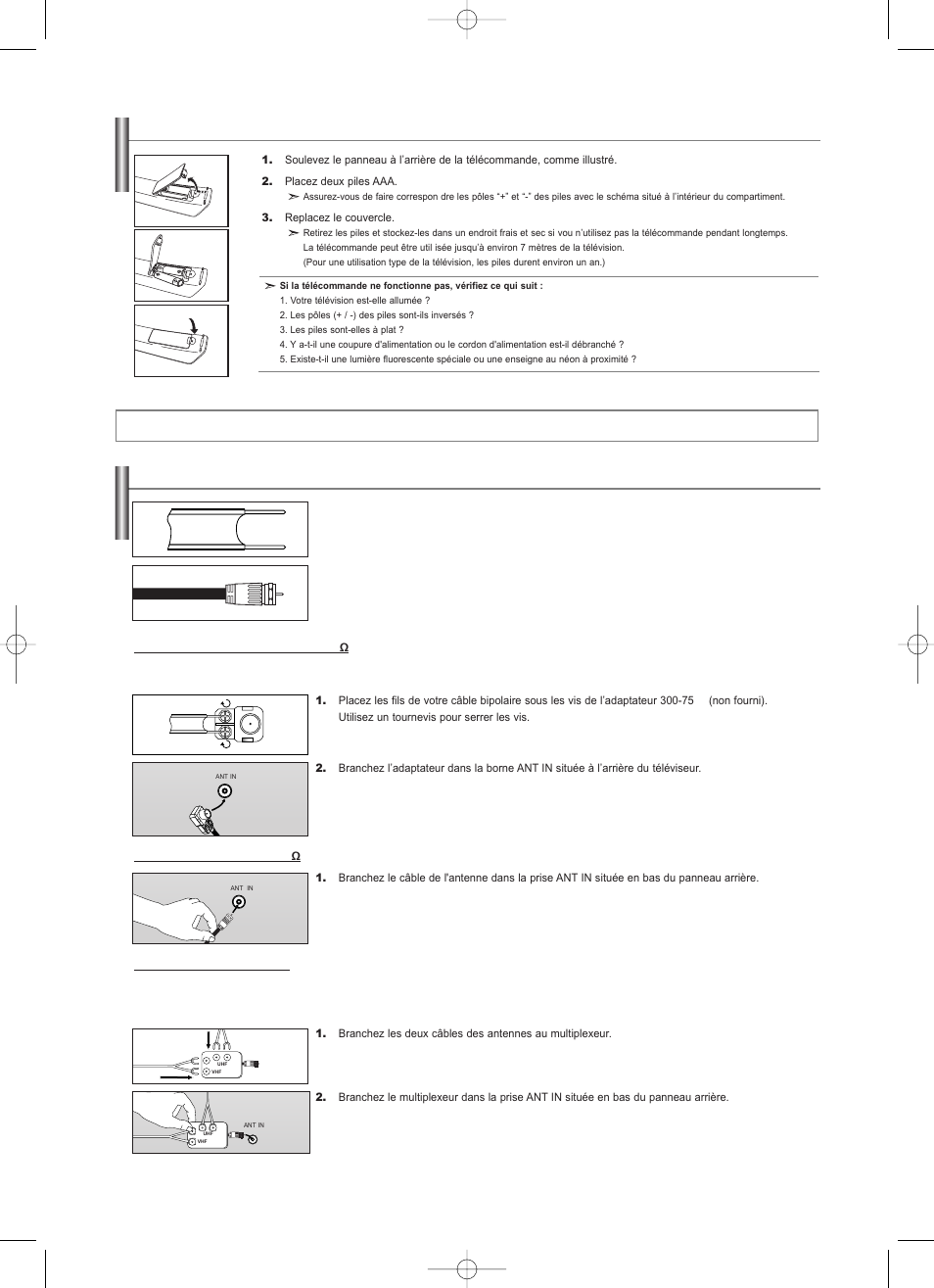 Connexions, Insertion des piles dans la télécommande, Connexion d’antennes vhf et uhf | Samsung LNS2338WX-XAA User Manual | Page 33 / 77