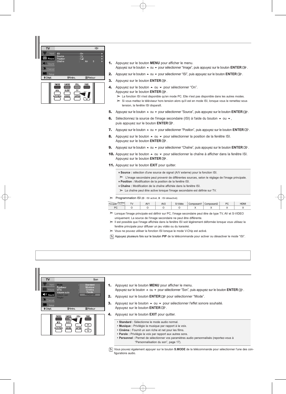 Controle du son, Affichage en mode isi (image en incrustation), Utilisation des paramètres automatiques de son | Samsung LNS2338WX-XAA User Manual | Page 43 / 77