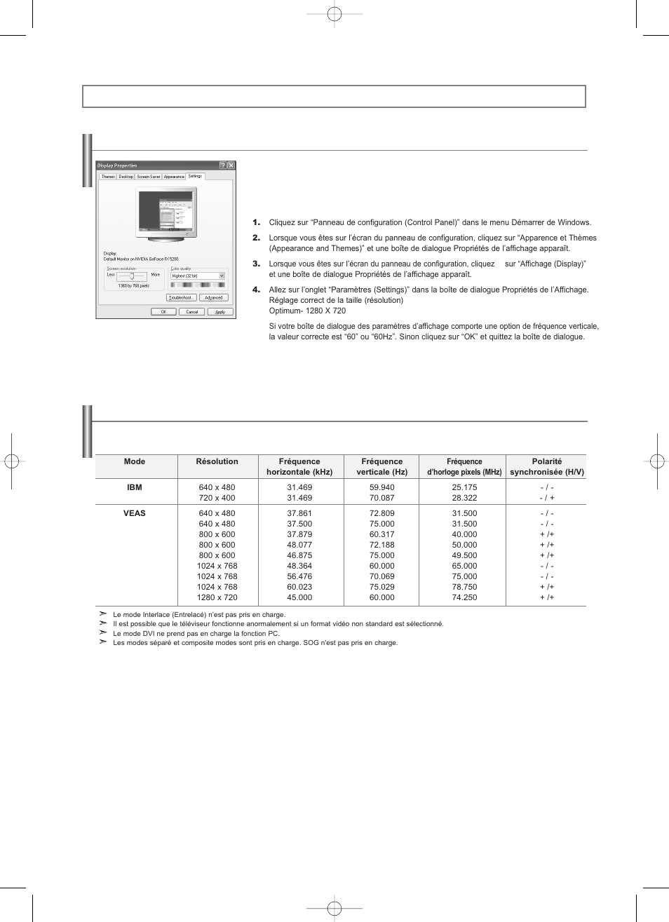 Affichage pc, Modes d’affichage | Samsung LNS2338WX-XAA User Manual | Page 50 / 77
