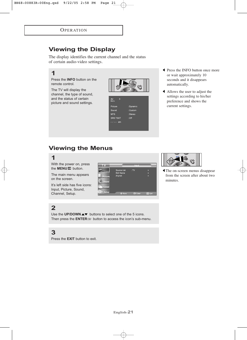 Viewing the display, Viewing the menus | Samsung LNR238WAX-XAA User Manual | Page 26 / 88