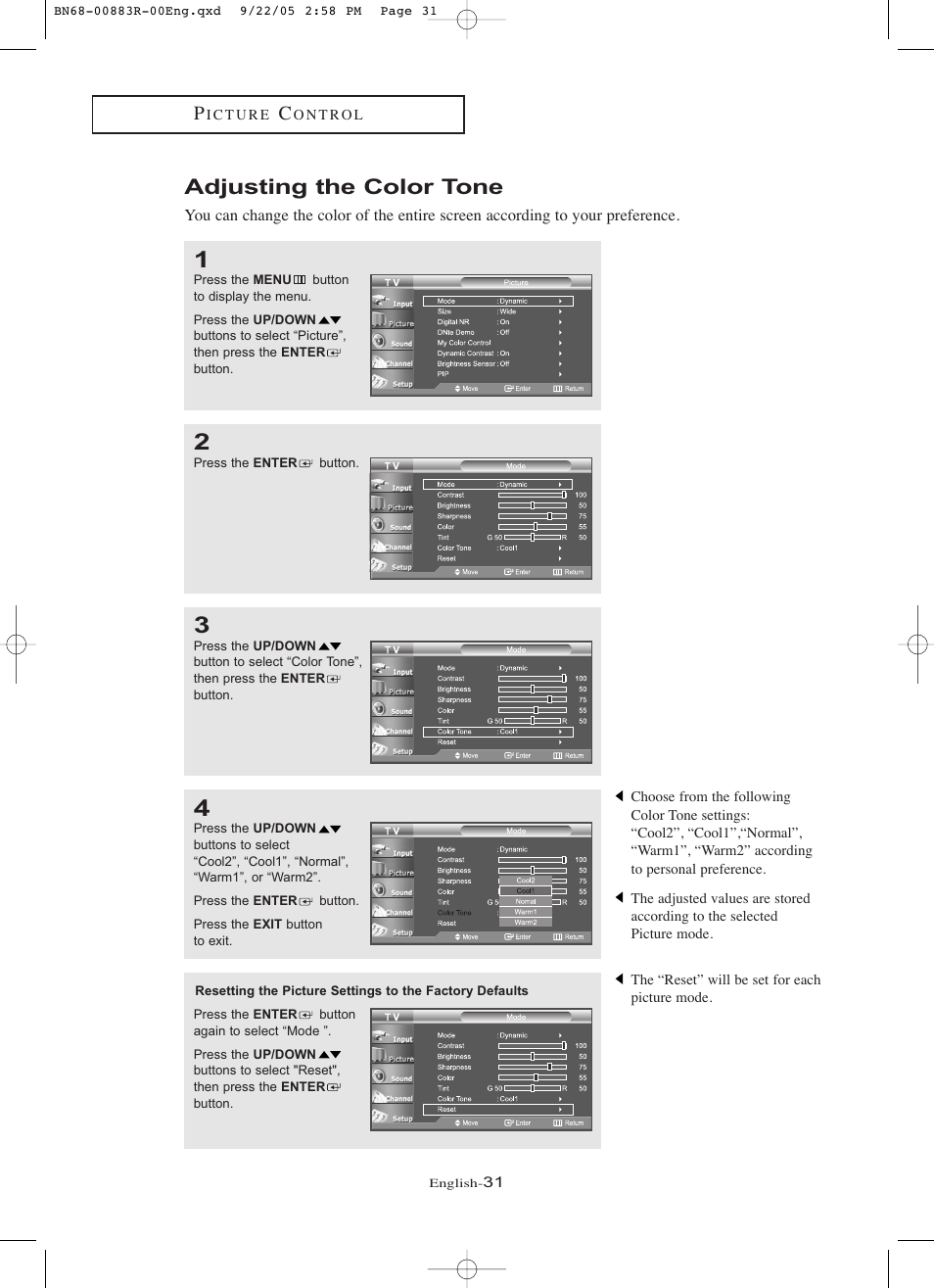 Adjusting the color tone | Samsung LNR238WAX-XAA User Manual | Page 36 / 88