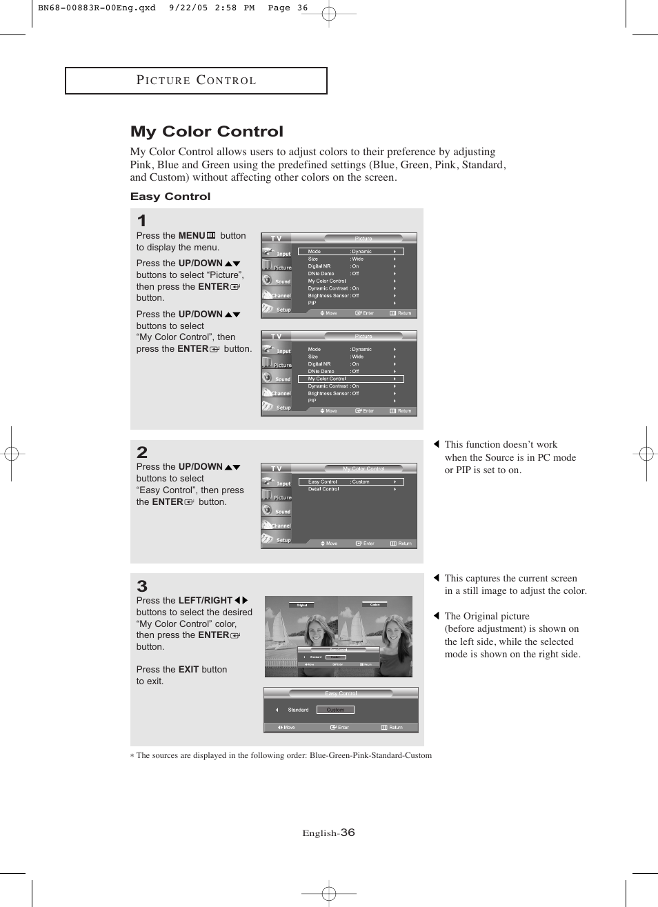 My color control, Easy control | Samsung LNR238WAX-XAA User Manual | Page 41 / 88