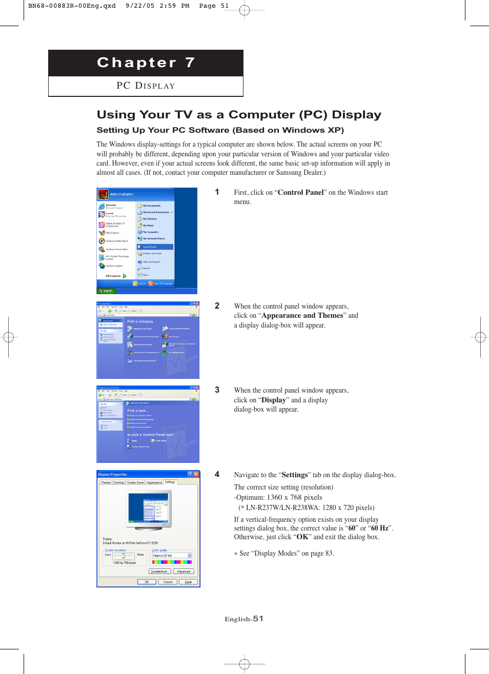 Using your tv as a computer (pc) display, Setting up your pc software (based on windows xp), P c d | Samsung LNR238WAX-XAA User Manual | Page 56 / 88
