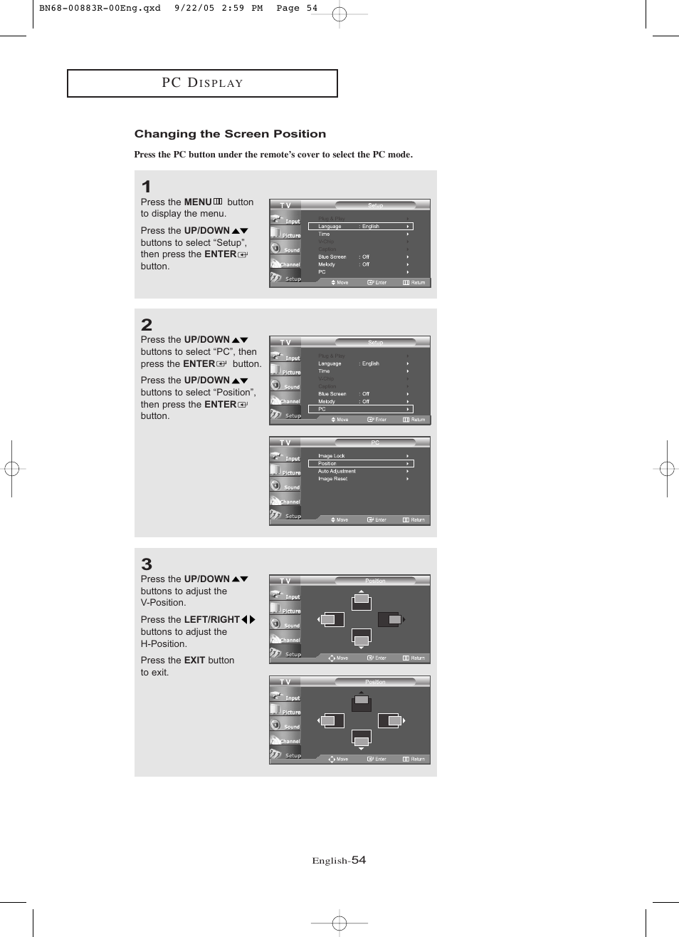 Changing the screen position, P c d | Samsung LNR238WAX-XAA User Manual | Page 59 / 88
