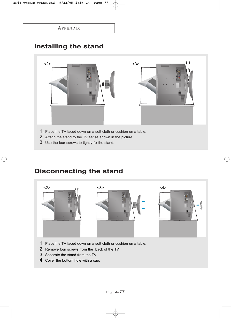 Appendix, Installing the stand, Disconnecting the stand | Installing the stand disconnecting the stand | Samsung LNR238WAX-XAA User Manual | Page 82 / 88
