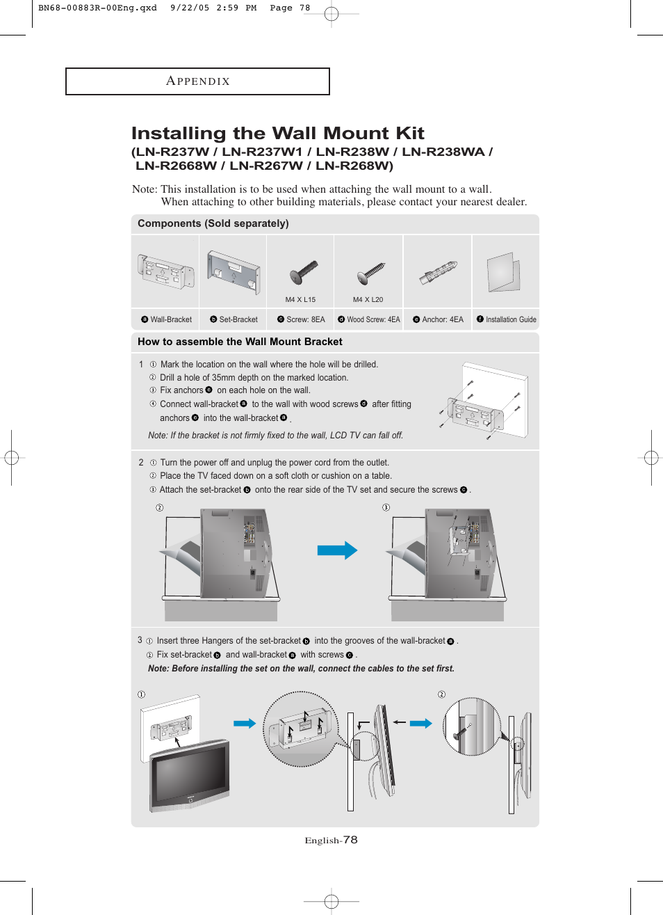 Installing the wall mount kit | Samsung LNR238WAX-XAA User Manual | Page 83 / 88