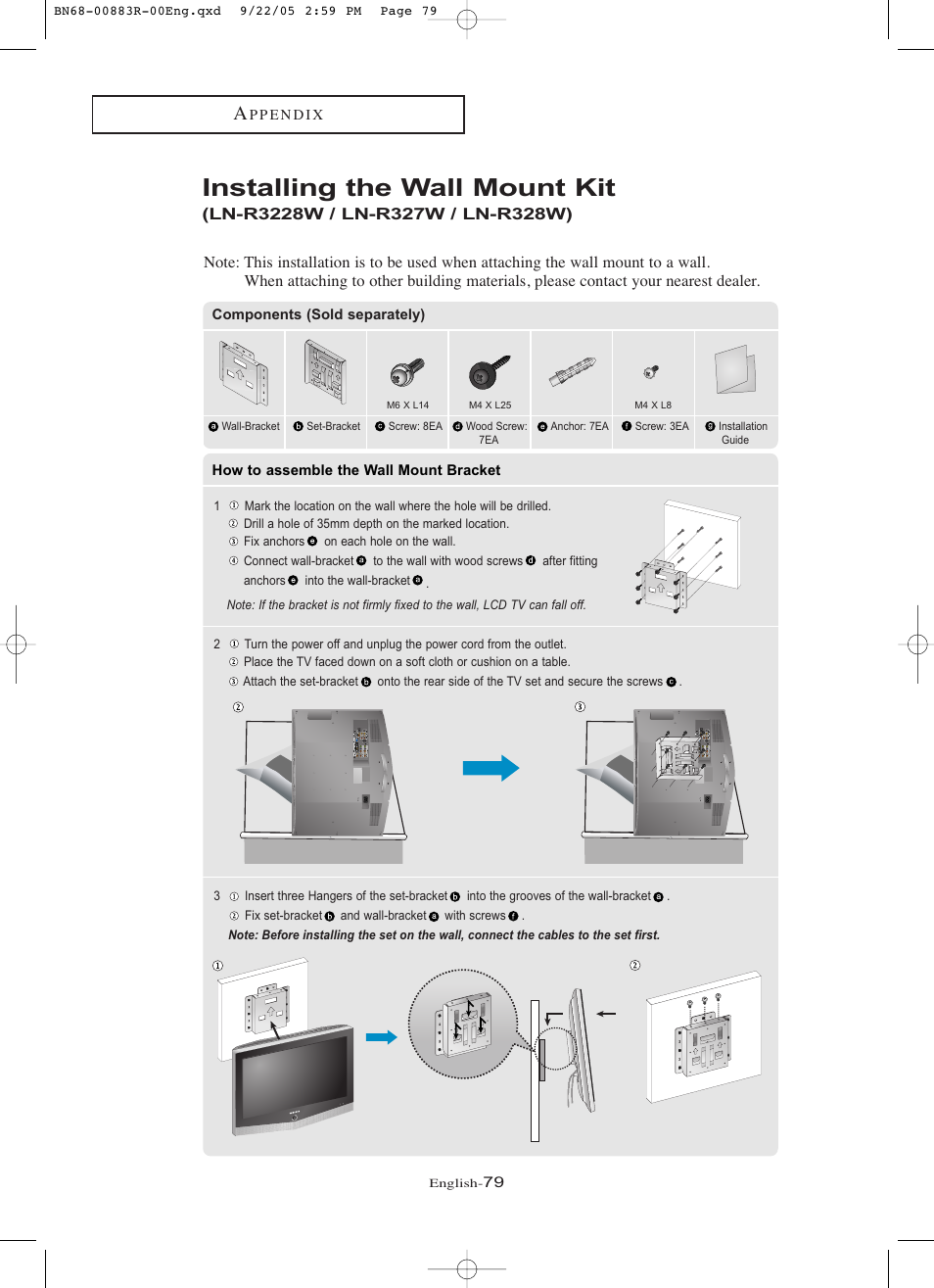 Installing the wall mount kit | Samsung LNR238WAX-XAA User Manual | Page 84 / 88