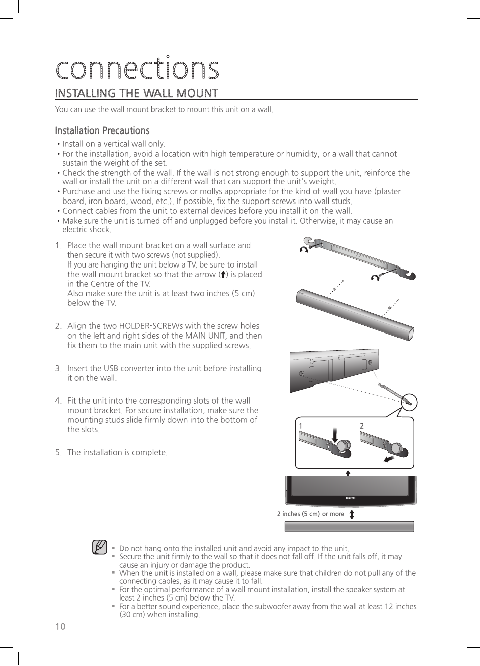 Connections, Installing the wall mount | Samsung HW-HM55C-ZA User Manual | Page 10 / 26