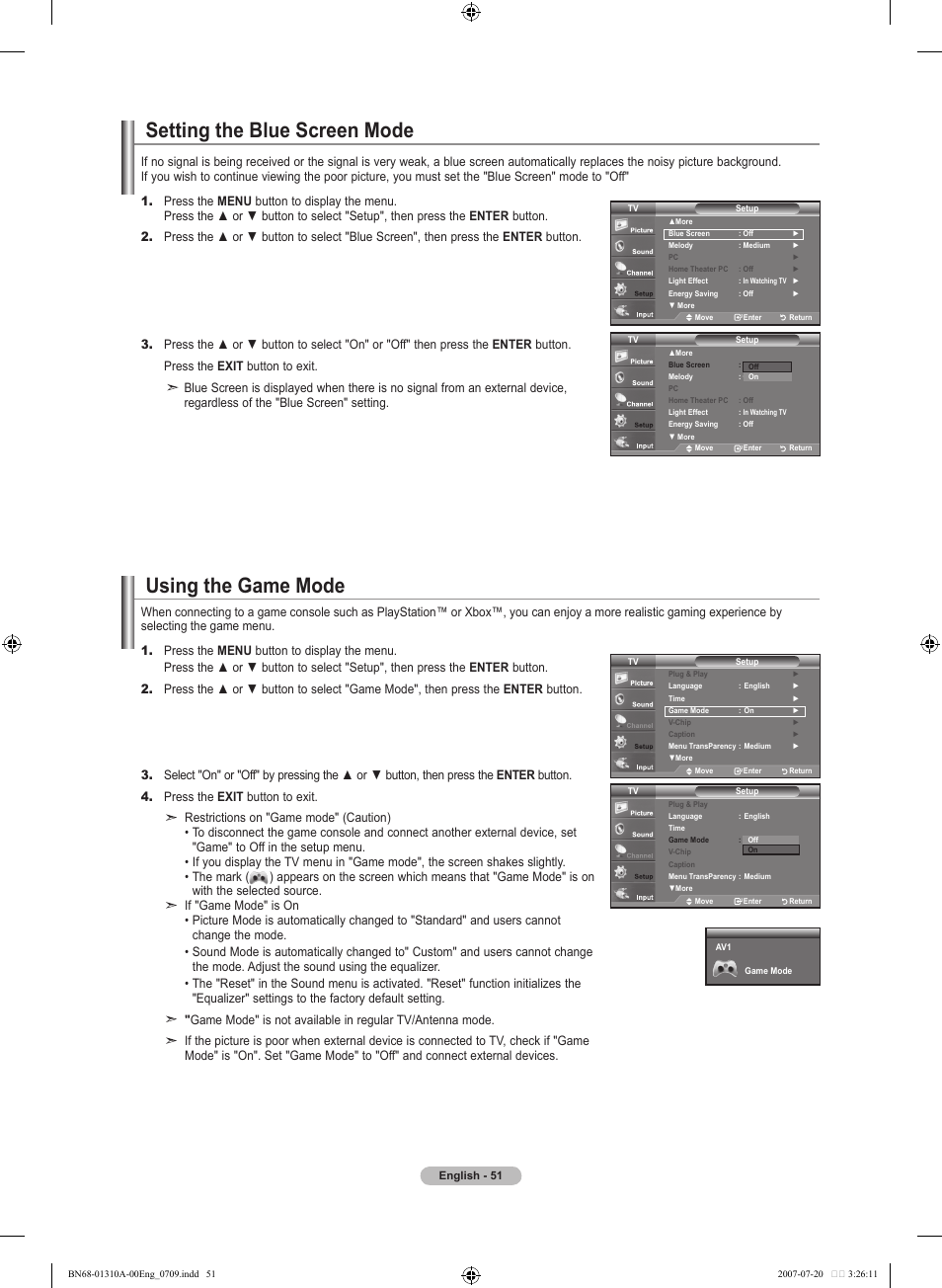 Setting the blue screen mode, Using the game mode | Samsung LNT4671FX-XAA User Manual | Page 53 / 277