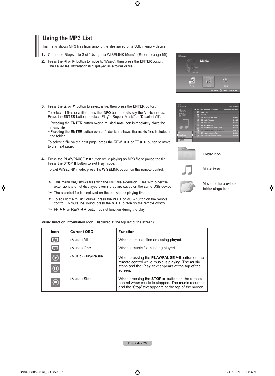 Using the mp3 list, Using the mp list | Samsung LNT4671FX-XAA User Manual | Page 75 / 277