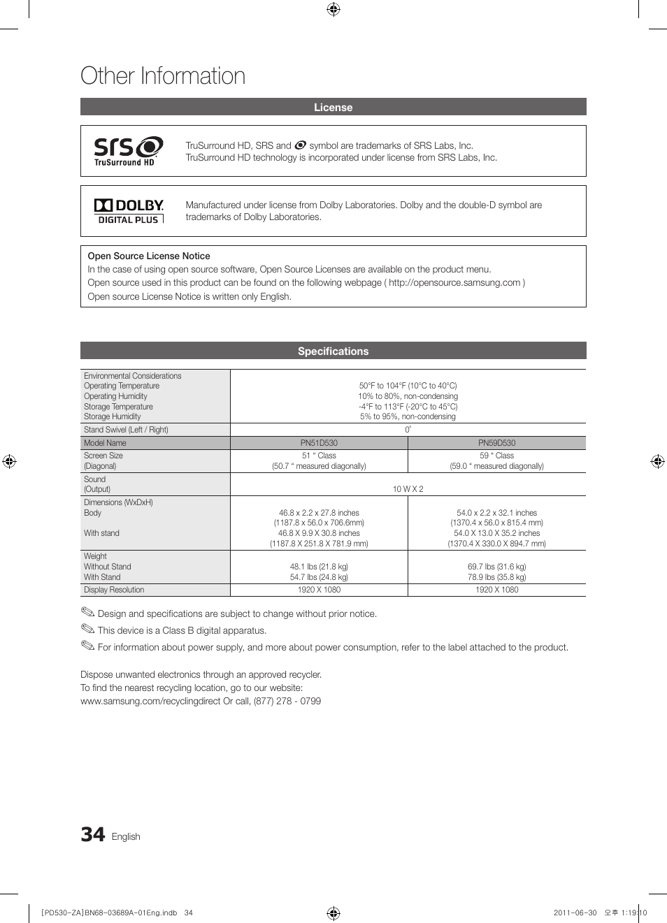 Other information | Samsung PN59D530A3FXZA User Manual | Page 34 / 36