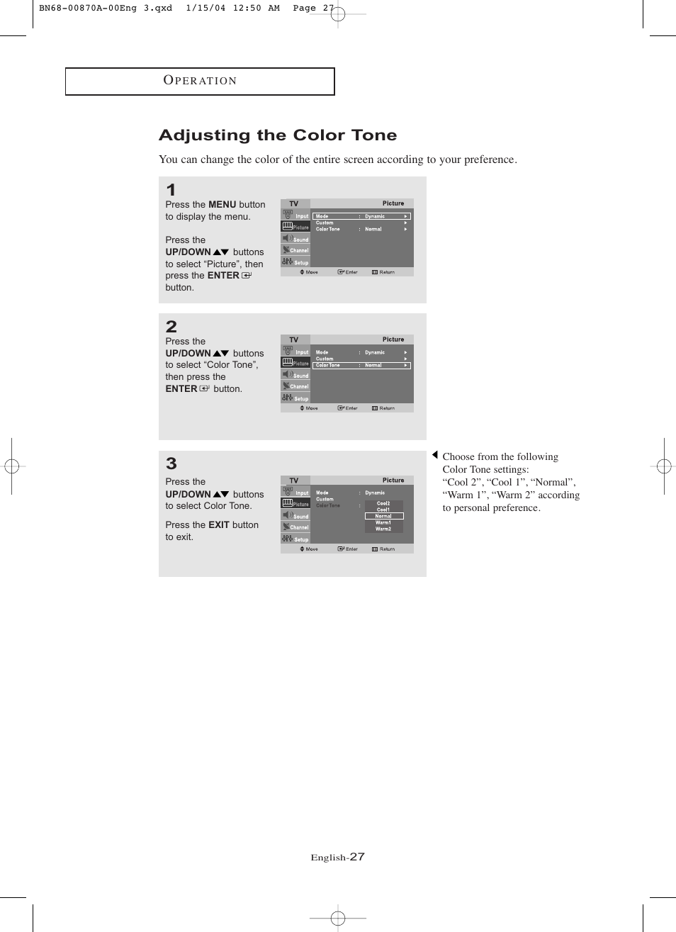 Adjusting the color tone | Samsung LNR1742X-XAA User Manual | Page 32 / 66
