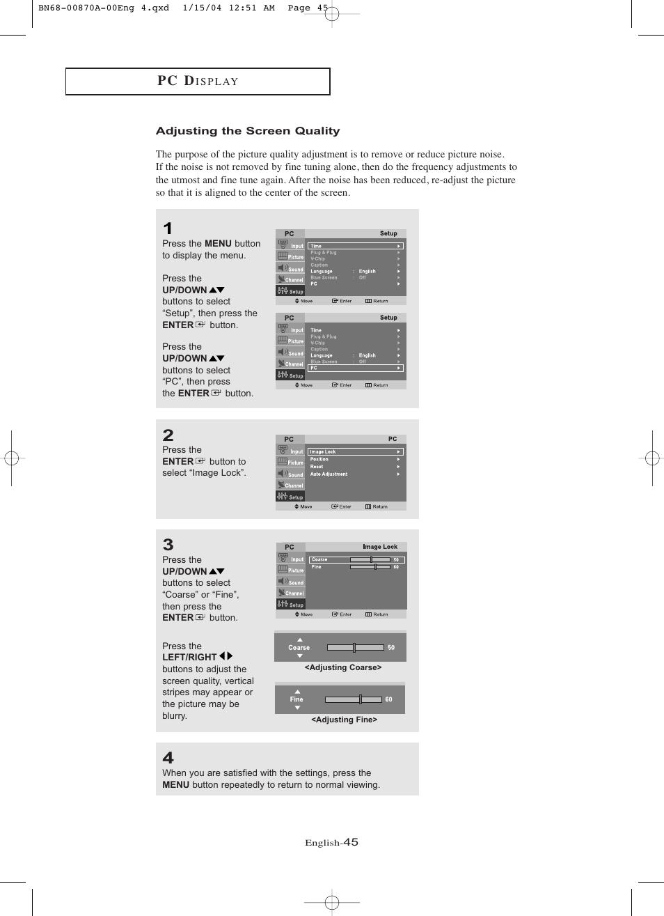 Adjusting the screen quality, P c d | Samsung LNR1742X-XAA User Manual | Page 50 / 66