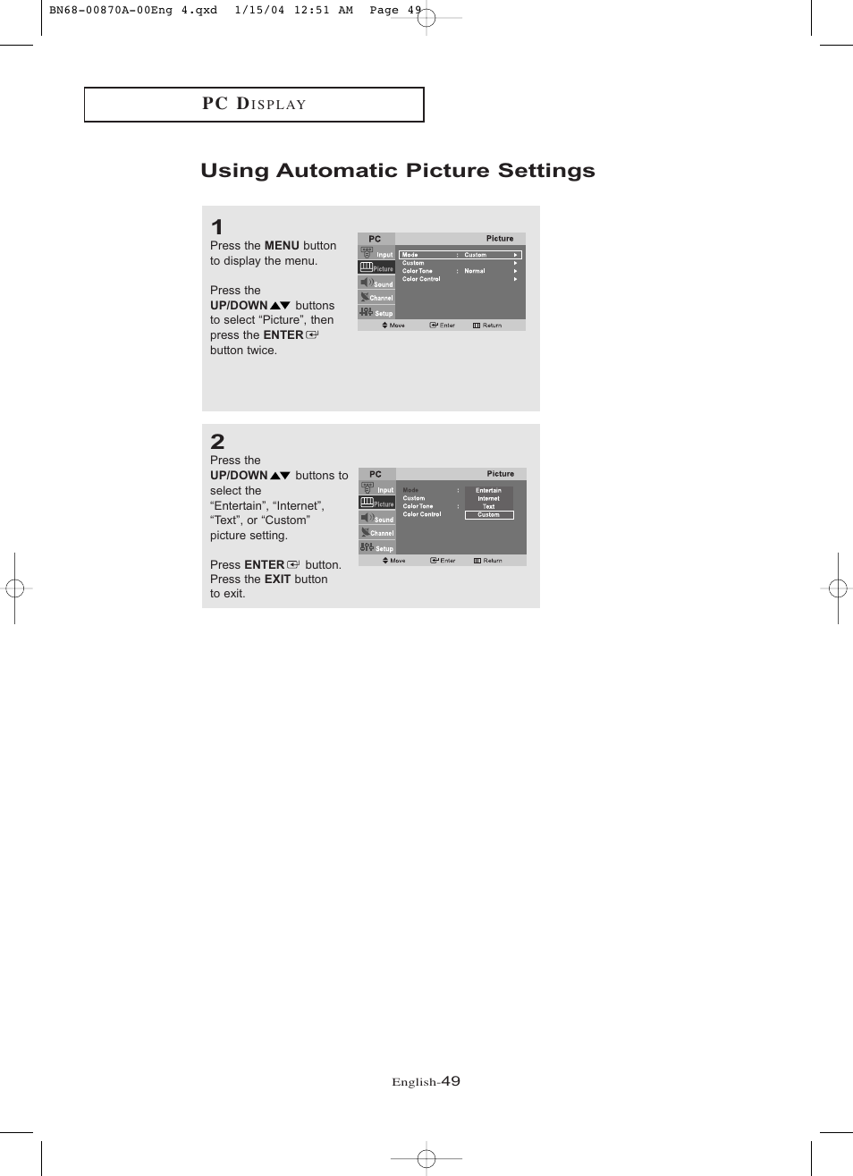 Using automatic picture settings, P c d | Samsung LNR1742X-XAA User Manual | Page 54 / 66
