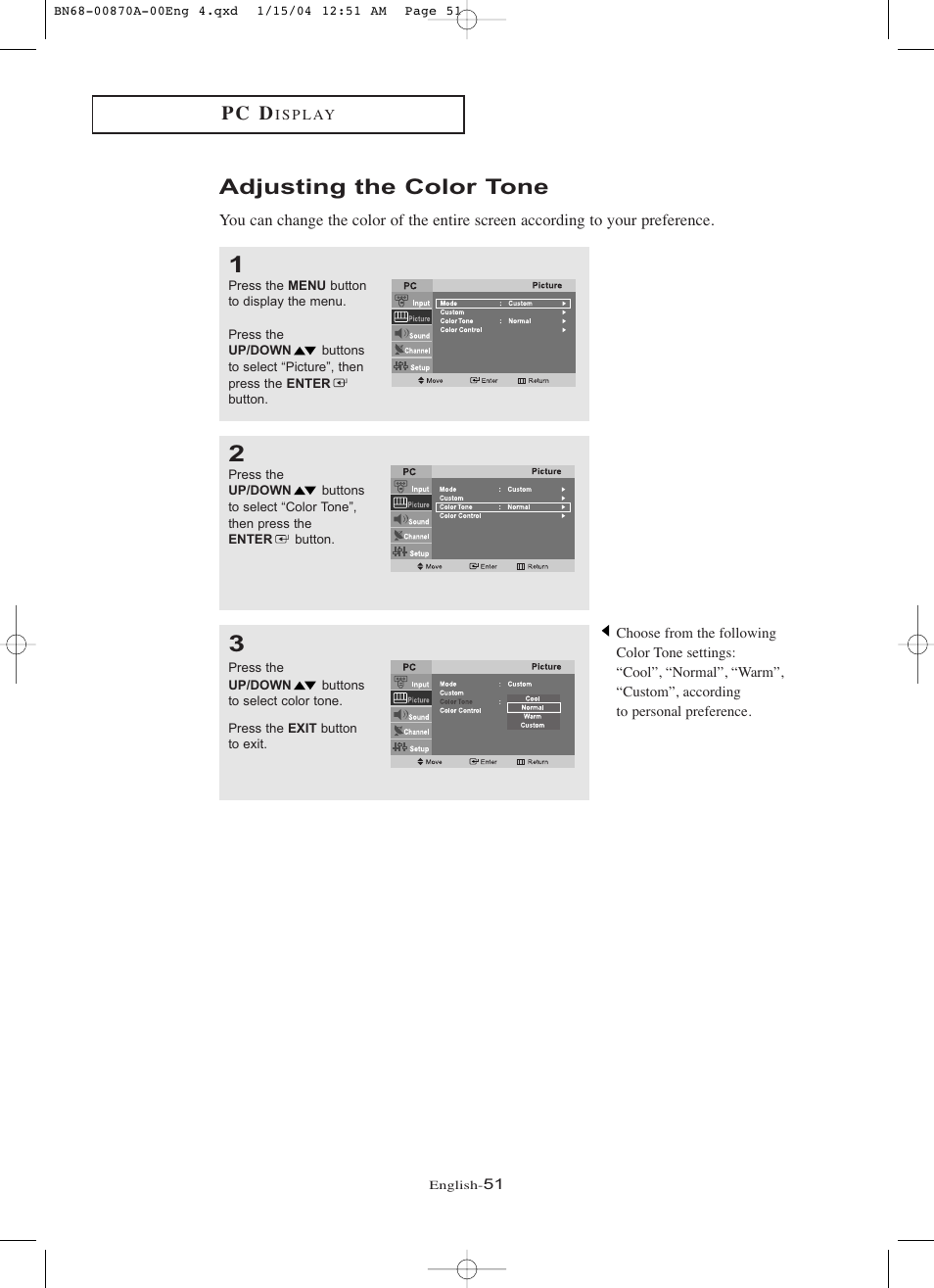 Adjusting the color tone, P c d | Samsung LNR1742X-XAA User Manual | Page 56 / 66