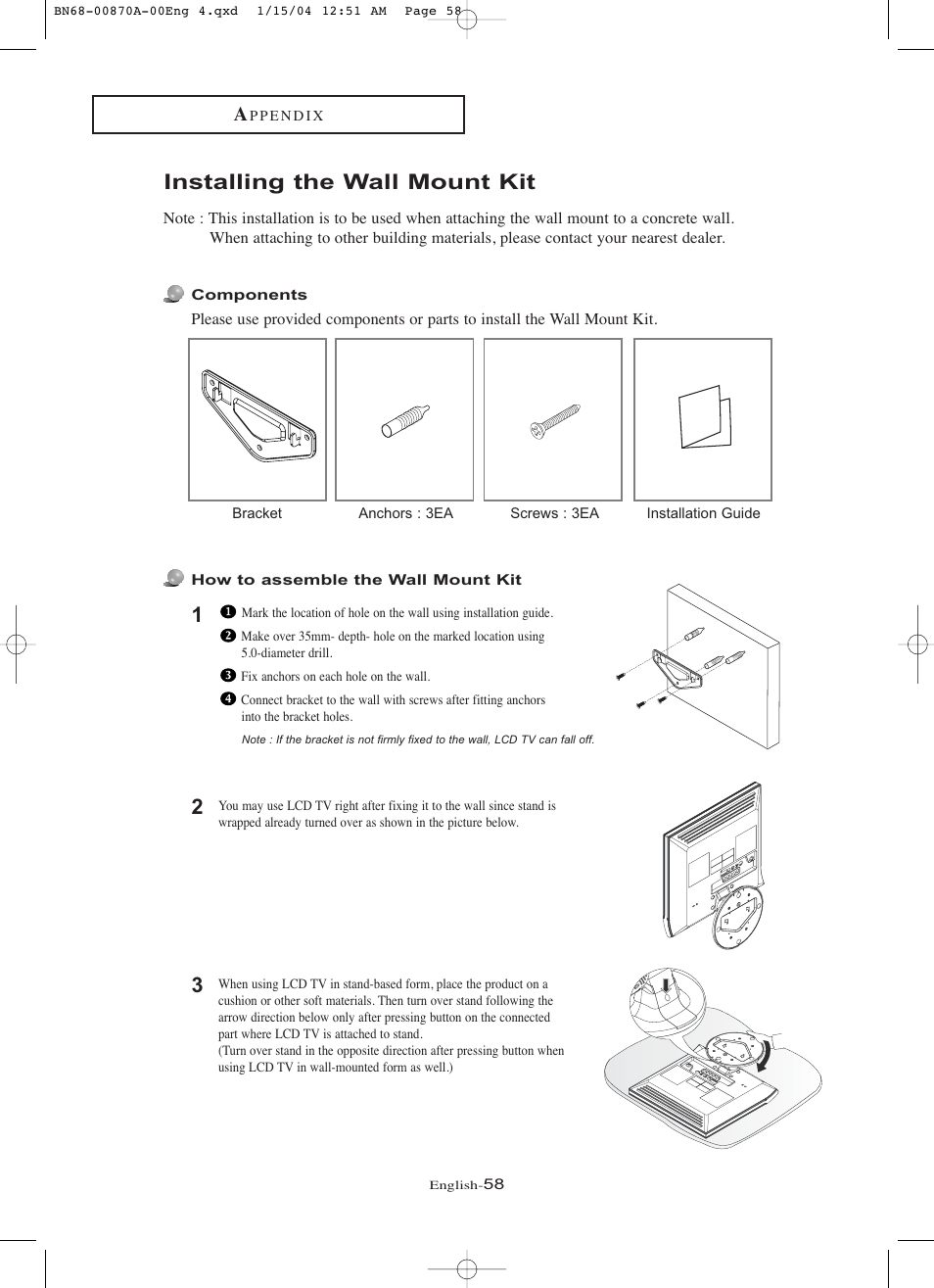 Installing the wall mount kit | Samsung LNR1742X-XAA User Manual | Page 63 / 66