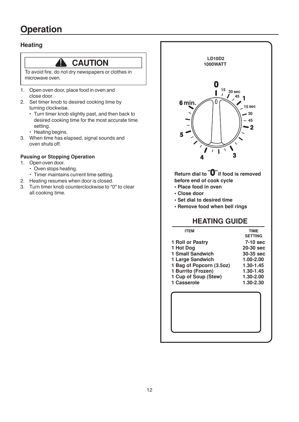 Operation, Caution, Heating guide | Amana LD10D2 User Manual | Page 12 / 16