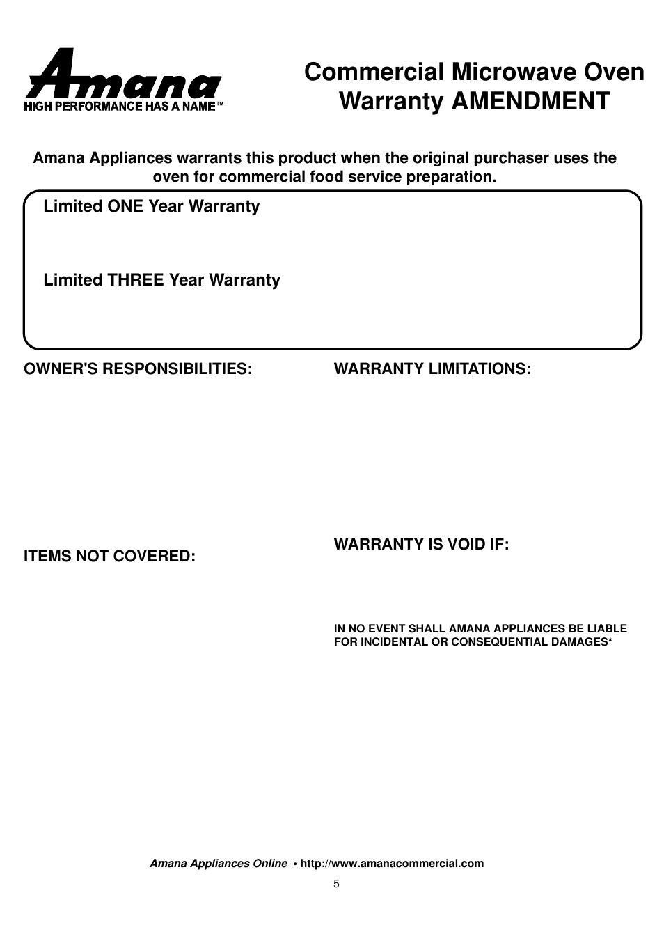 Commercial microwave oven warranty amendment, Limited one year warranty, Limited three year warranty | Amana LD10D2 User Manual | Page 15 / 16
