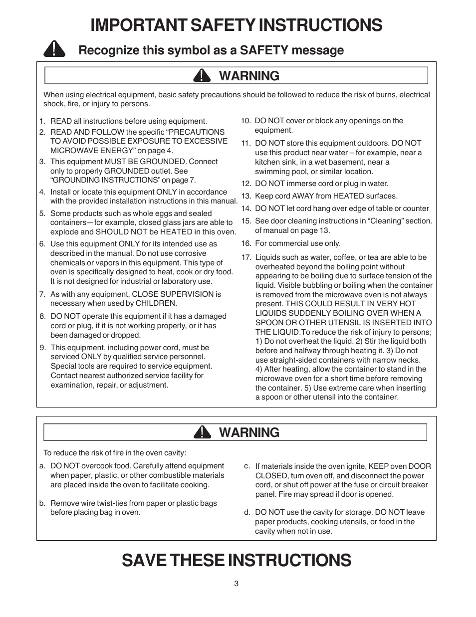 Important safety instructions, Save these instructions, Warning | Recognize this symbol as a safety message | Amana LD10D2 User Manual | Page 3 / 16