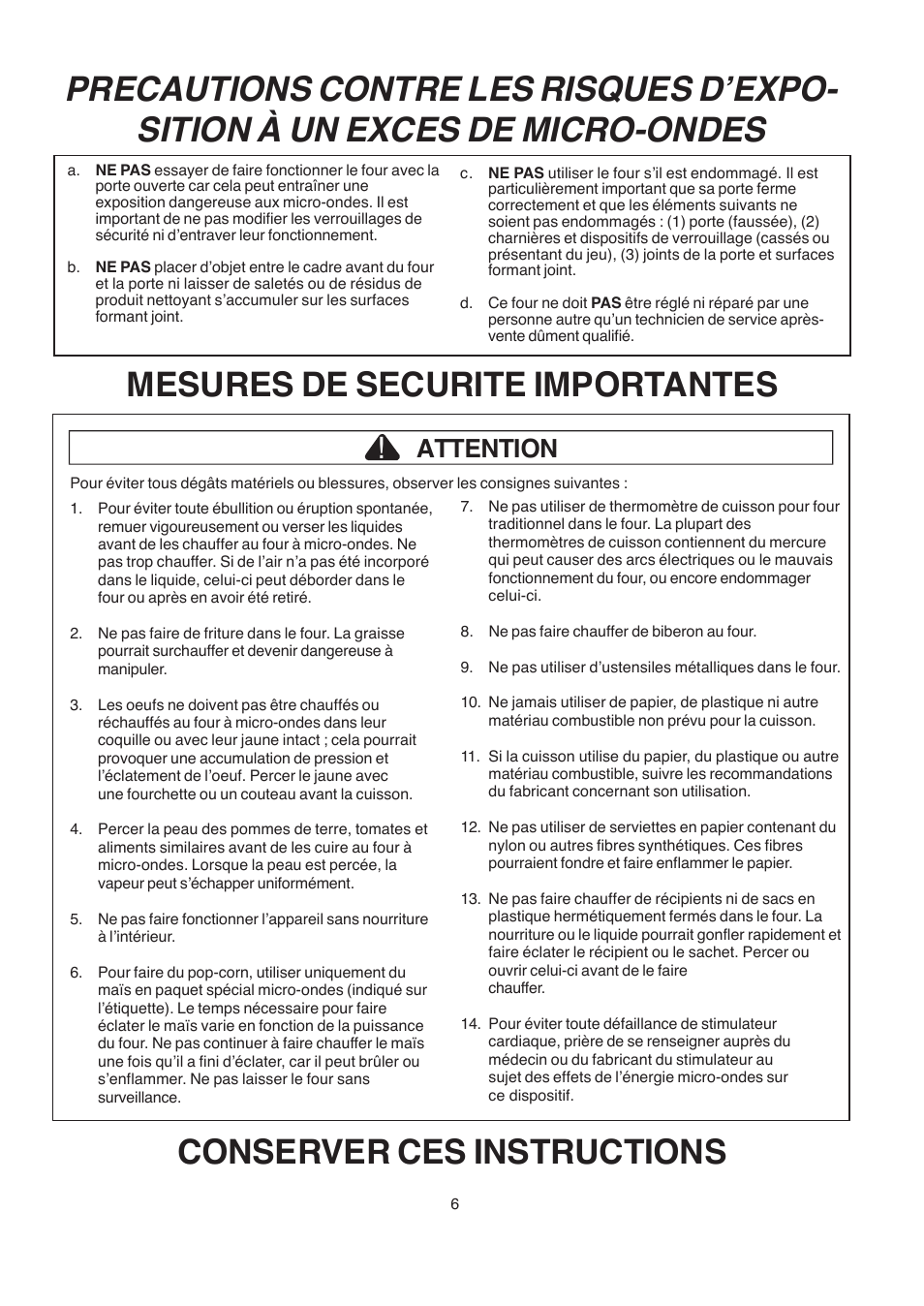 Mesures de securite importantes, Conserver ces instructions, Attention | Amana LD10D2 User Manual | Page 6 / 16