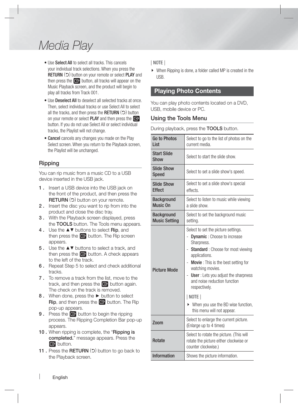 Playing photo contents, Media play | Samsung HT-E5500W-ZA User Manual | Page 44 / 64