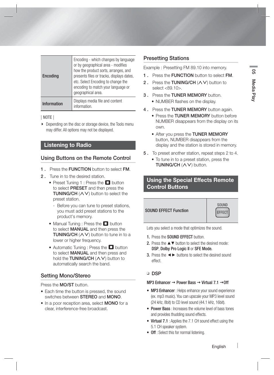 Listening to radio, Using the special effects remotecontrol buttons, Using the special effects remote control buttons | Samsung HT-E5500W-ZA User Manual | Page 47 / 64