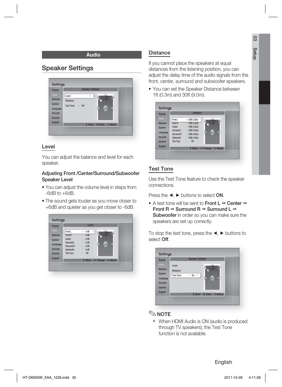 Speaker settings, English, Distance | Test tone, Audio, Level, 03 setup | Samsung HT-D6500W-ZA User Manual | Page 35 / 87
