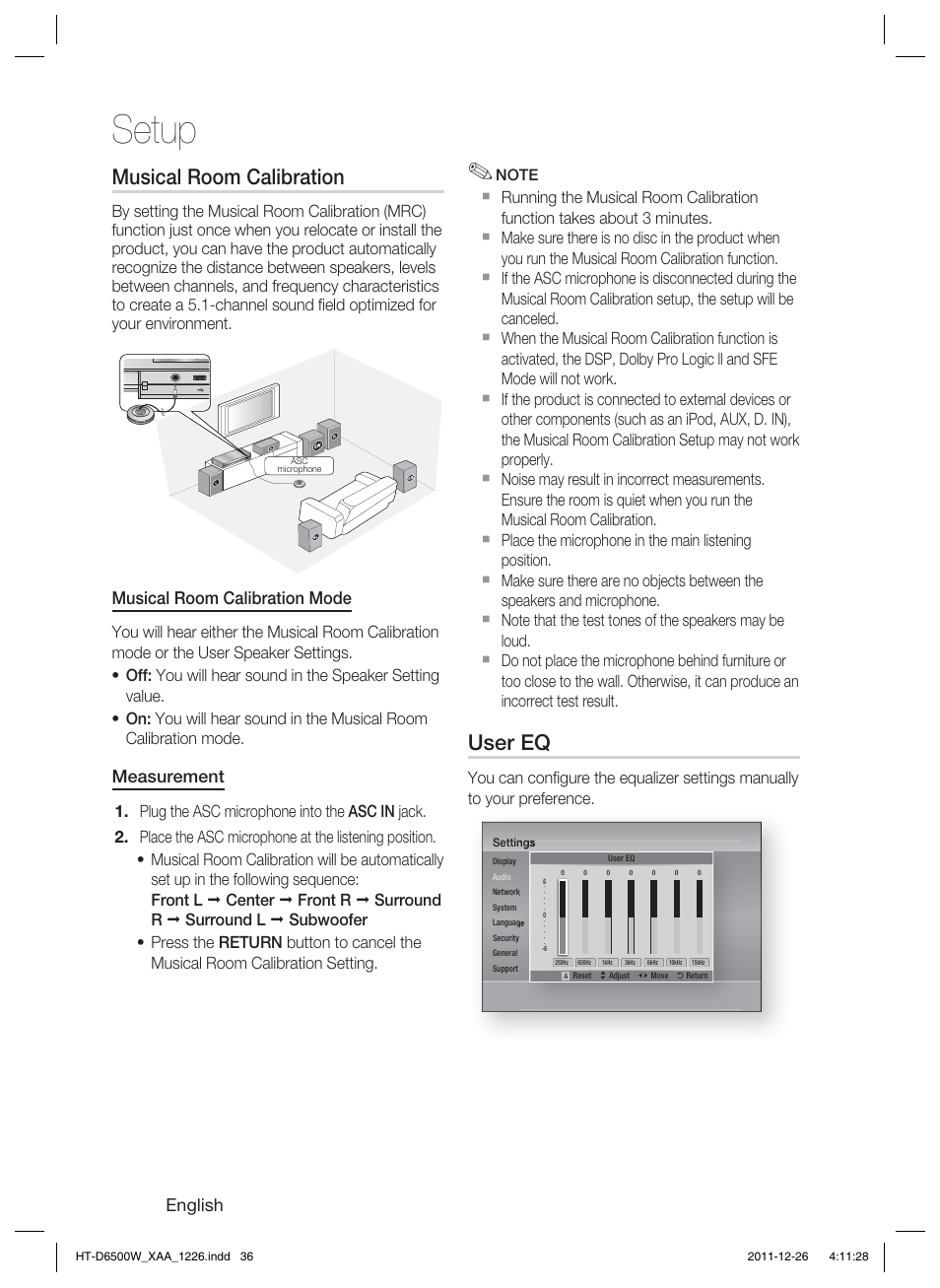 Setup, Musical room calibration, User eq | English, Musical room calibration mode, Measurement | Samsung HT-D6500W-ZA User Manual | Page 36 / 87