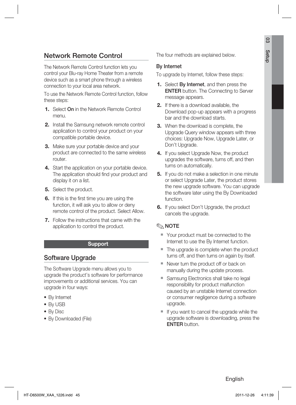 Network remote control, Software upgrade | Samsung HT-D6500W-ZA User Manual | Page 45 / 87