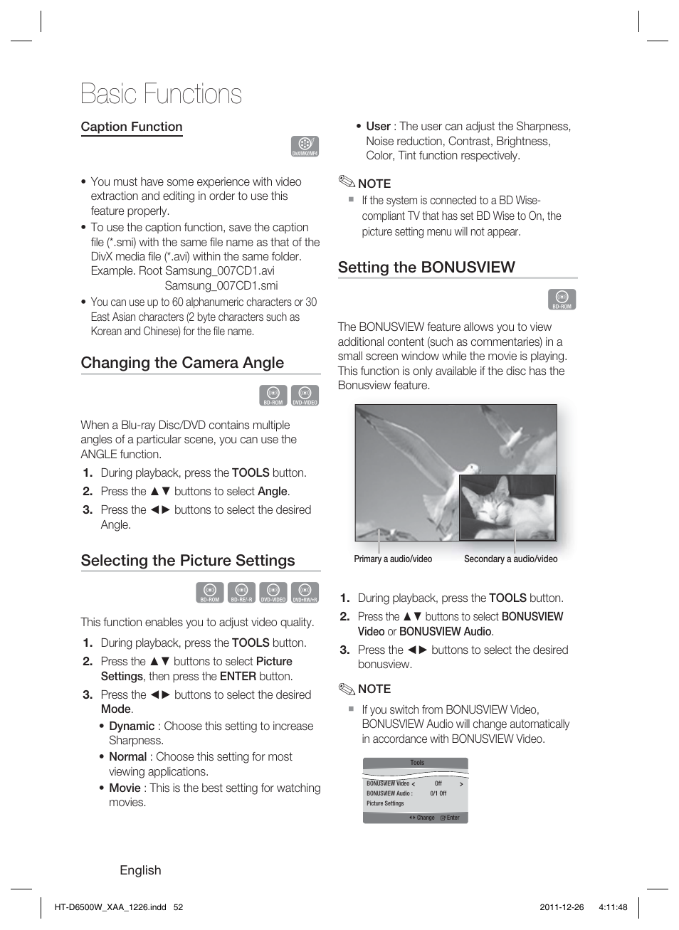 Basic functions, Hzzy, Changing the camera angle | Selecting the picture settings, Setting the bonusview | Samsung HT-D6500W-ZA User Manual | Page 52 / 87