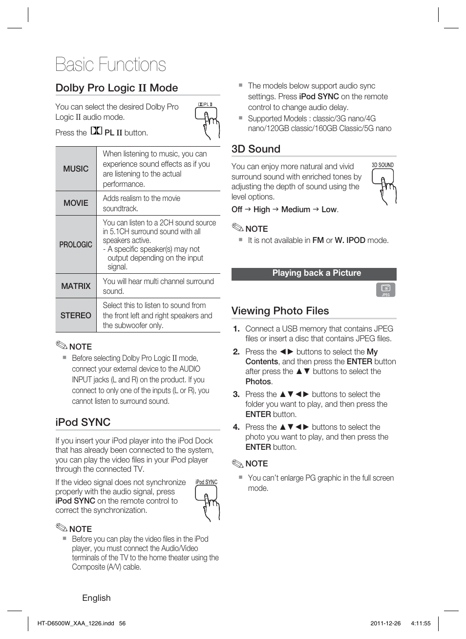 Basic functions | Samsung HT-D6500W-ZA User Manual | Page 56 / 87