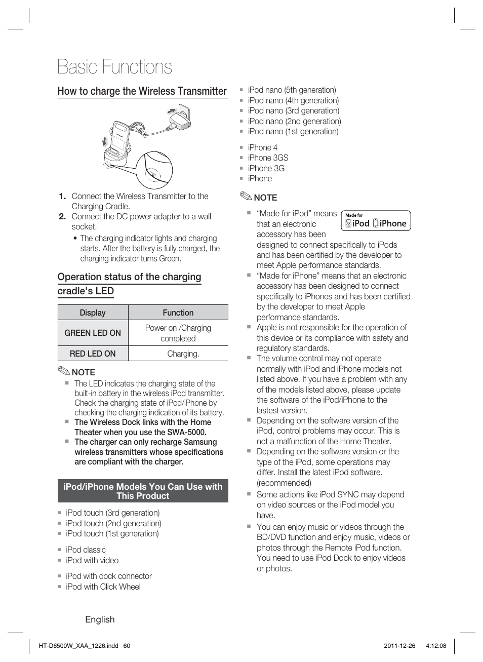 Basic functions, How to charge the wireless transmitter | Samsung HT-D6500W-ZA User Manual | Page 60 / 87