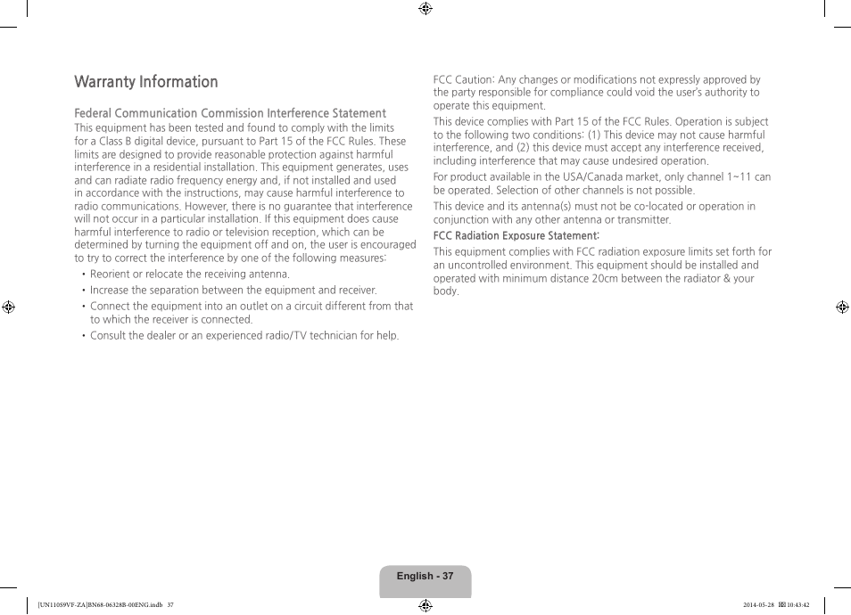 Warranty information | Samsung UN110S9VFXZA User Manual | Page 37 / 41